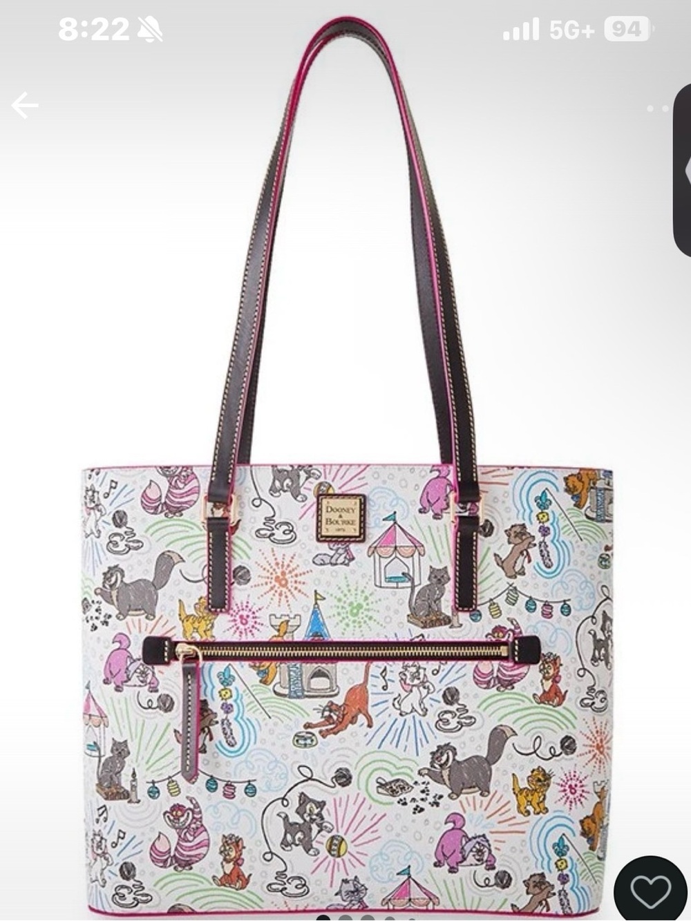 Dooney & Bourke White Multicolor Cat-Print Tote with Pink-Trim Handles